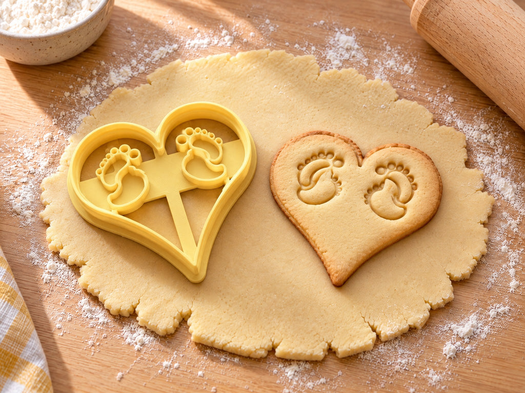 Butter-gelber Herz-Ausstecher mit Prägung neben gebackenem Keks in Herzform mit zwei Babyfußabdrücken auf hellem Holz