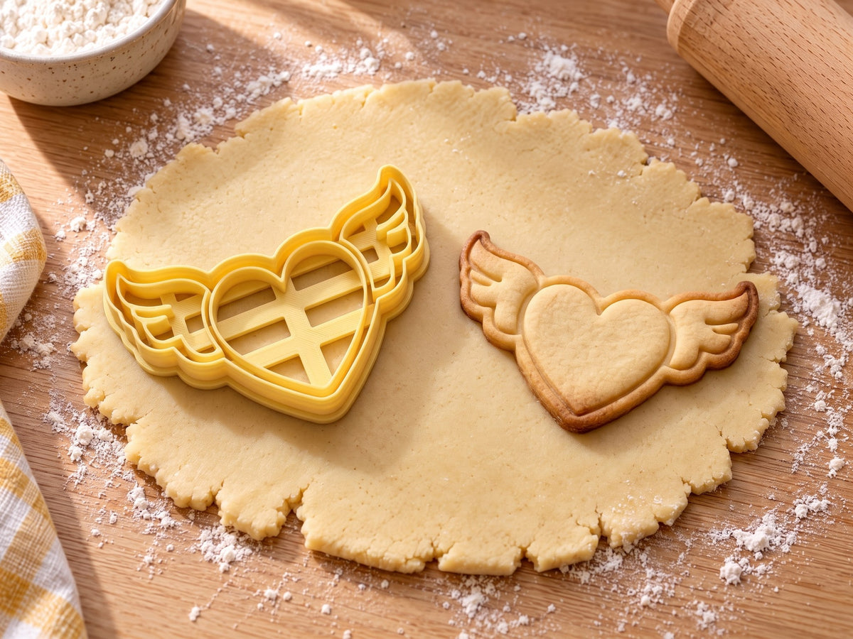 Butter-gelber Herz-Ausstecher mit Prägung neben gebackenem Keks: Herz mit Innenlinie und zwei gefiederten Flügeln auf hellem Holz
