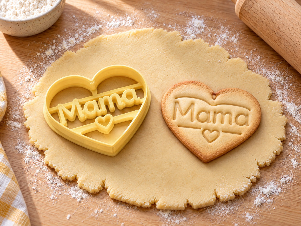Butter-gelber Herz-Ausstecher mit Prägung neben gebackenem Keks in Herzform mit Schriftzug Mama und Mini-Herz auf hellem Holz