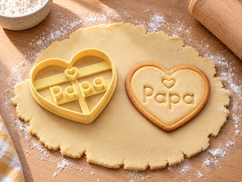 Butter-gelber Herz-Ausstecher mit Prägung neben gebackenem Keks in Herzform mit Schriftzug Papa und kleinem Herz auf hellem Holz