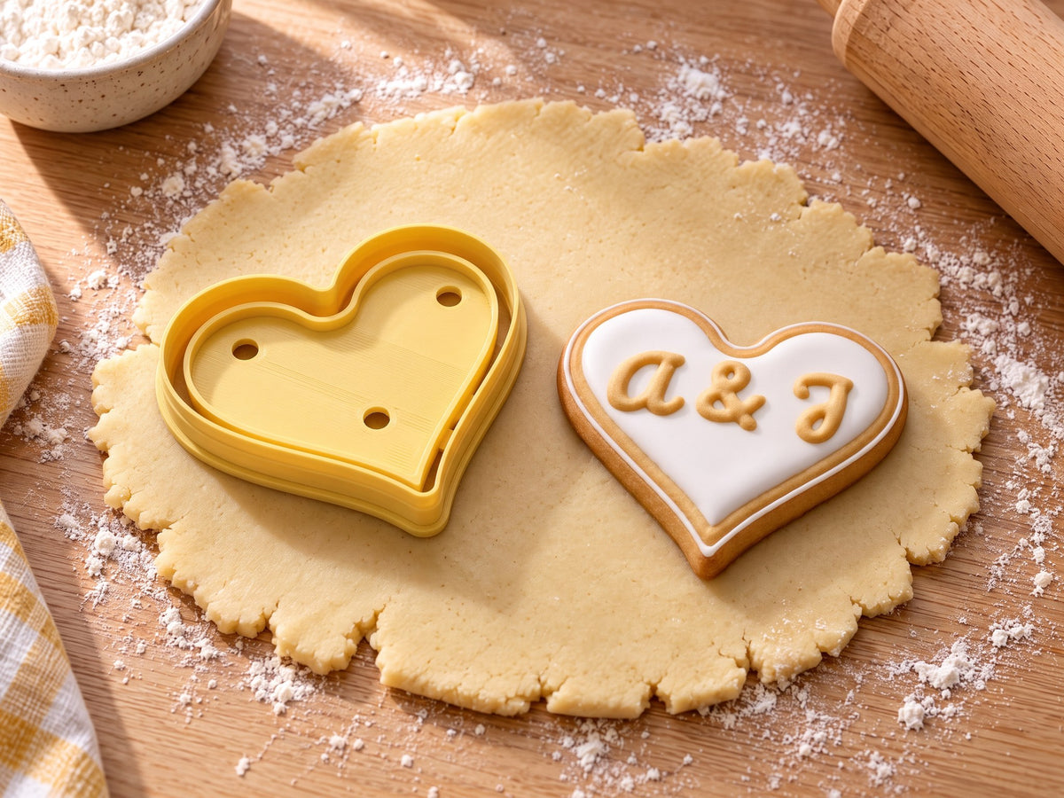 Butter-gelber Herz-Ausstecher neben gebackenem Herzkeks mit weißem Zuckerguss und geprägten Initialen „A & J“ auf ausgerolltem Teig und hellem Holz