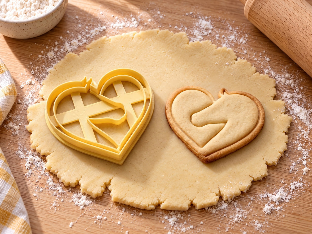 Butter-gelber Herz-Ausstecher mit Prägung neben gebackenem Keks mit eingeprägtem Pferdekopf in Herzform auf hellem Holz