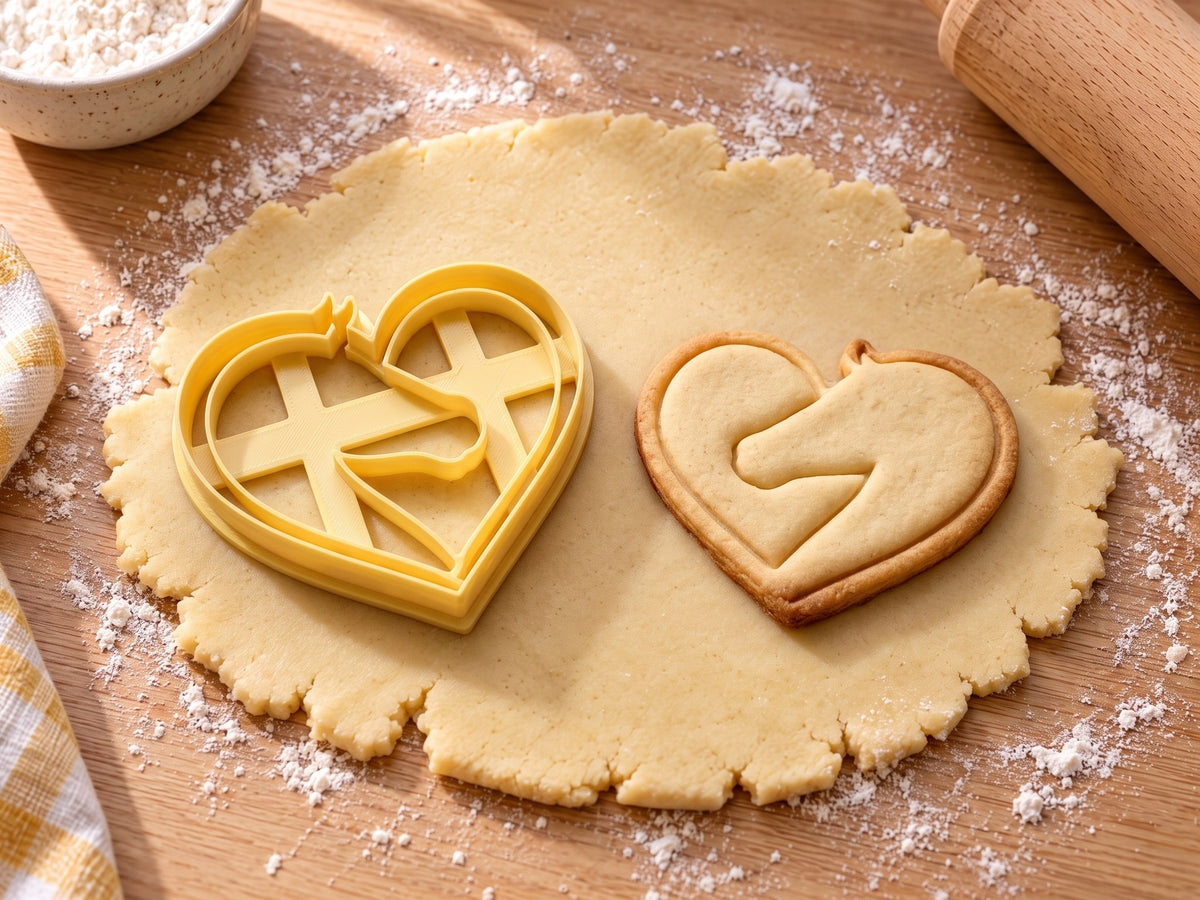 Butter-gelber Herz-Ausstecher mit Prägung neben gebackenem Keks mit eingeprägtem Pferdekopf in Herzform auf hellem Holz