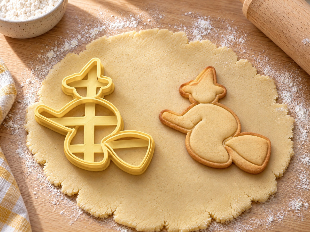 Butter-gelber Ausstecher mit Prägung: Hexe auf dem Besen als Silhouette, daneben gebackener Keks mit Hut und Reisigbesen auf hellem Holz