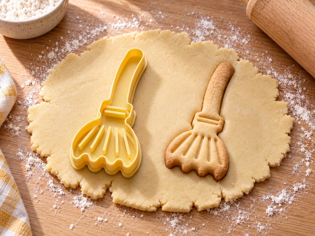 Butter-gelber Hexenbesen-Ausstecher mit Prägung neben gebackenem Besen-Keks mit Bindung und Reisigrillen auf hellem Holz