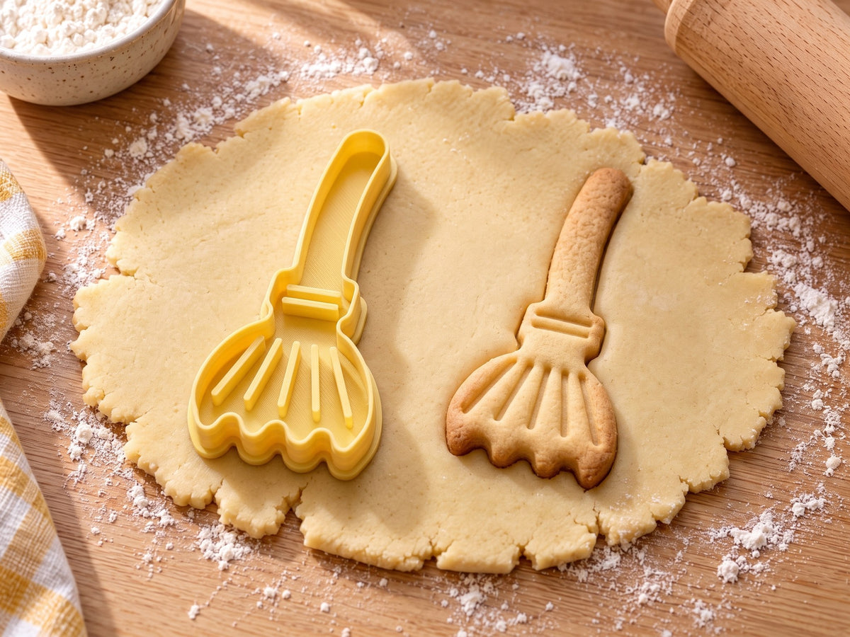 Butter-gelber Hexenbesen-Ausstecher mit Prägung neben gebackenem Besen-Keks mit Bindung und Reisigrillen auf hellem Holz