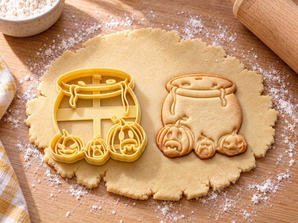 Butter-gelber Hexenkessel-Ausstecher mit Prägung neben Keks mit tropfendem Kessel und drei Kürbisgesichtern auf hellem Holz