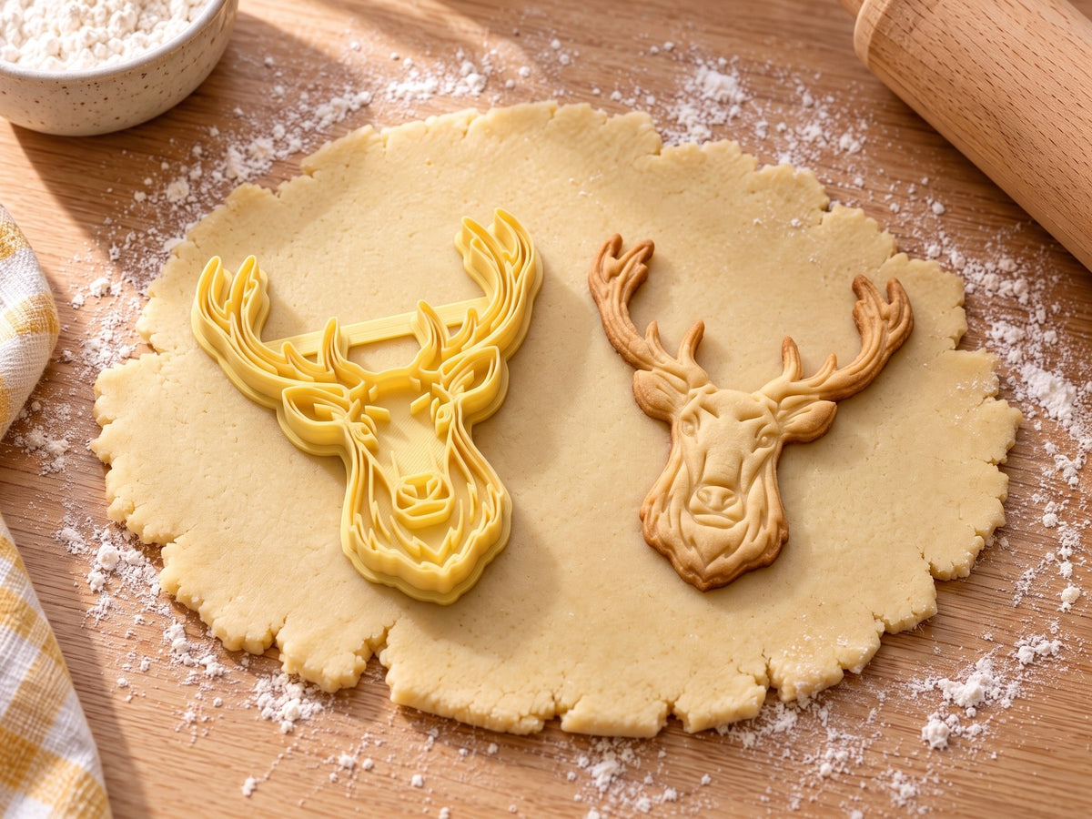 Butter-gelber Hirschkopf-Ausstecher mit Prägung neben gebackenem Keks mit verzweigtem Geweih und Fellzeichnung auf hellem Holz