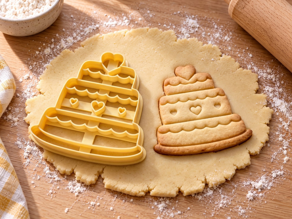 Butter-gelber Hochzeitstorte-Ausstecher mit Prägung neben Keks mit drei Etagen, Girlanden und Herz auf hellem Holz