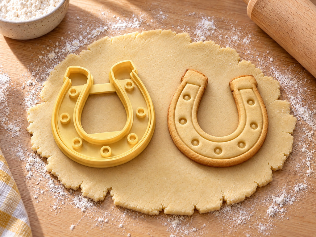 Butter-gelber Hufeisen-Ausstecher mit Prägung neben gebackenem Keks mit sieben Nagellöchern und Innenlinie auf hellem Holz