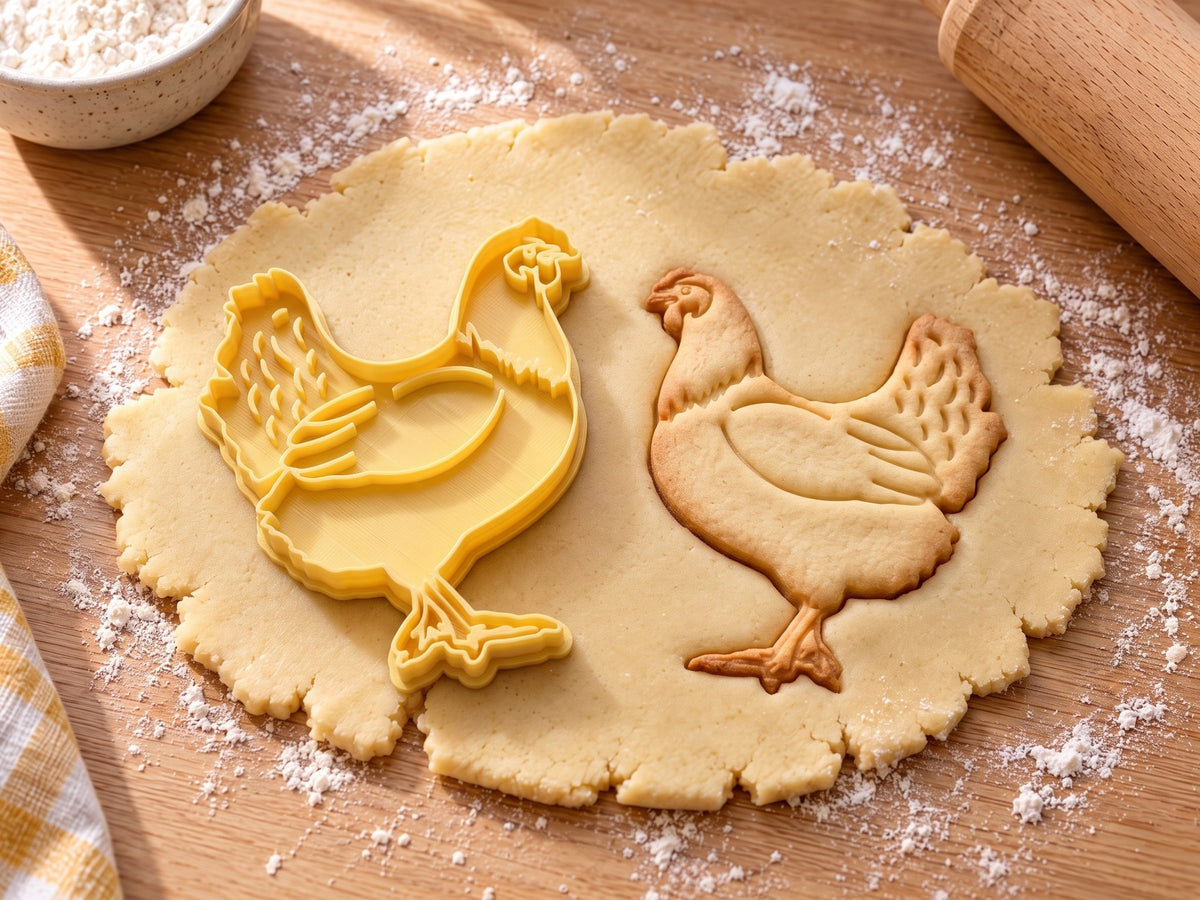 Butter-gelber Huhn-Ausstecher mit Prägung neben gebackenem Keks mit gefächerten Schwanzfedern und Halskrause auf hellem Holz