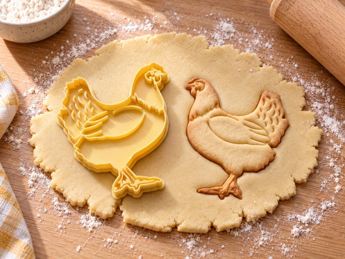 Huhn-Ausstecher mit Prägung neben gebackenem Keks mit gefächerten Schwanzfedern und Halskrause auf hellem Holz