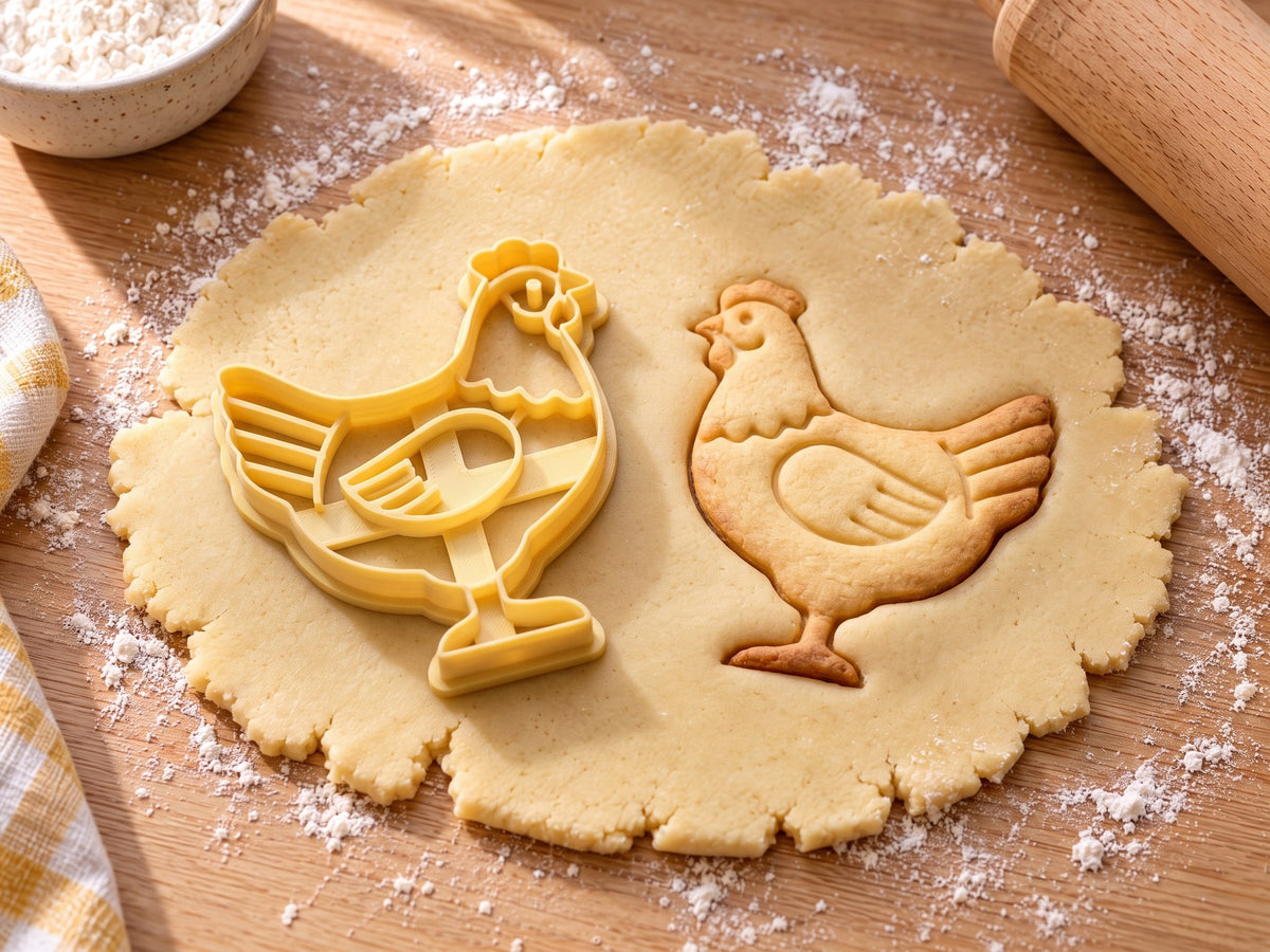 Butter-gelber Huhn-Ausstecher mit Prägung neben gebackenem Keks: rundliche Henne mit Flügelbogen und Streifenschwanz auf hellem Holz