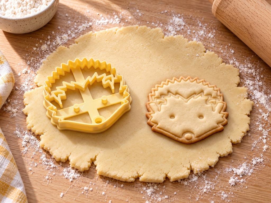 Butter-gelber Igelkopf-Ausstecher mit Prägung neben gebackenem Keks mit Zackenstacheln und runder Nase auf hellem Holz