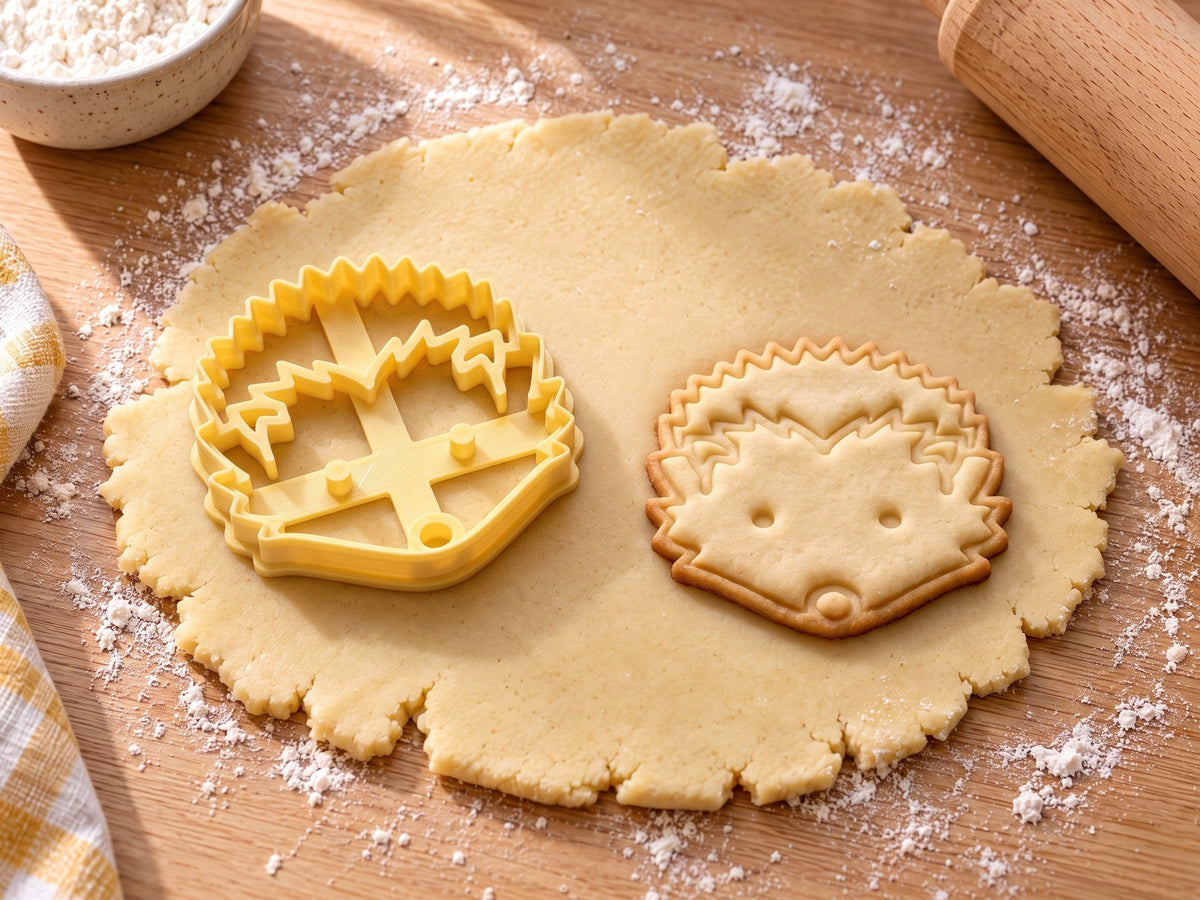Butter-gelber Igelkopf-Ausstecher mit Prägung neben gebackenem Keks mit Zackenstacheln und runder Nase auf hellem Holz