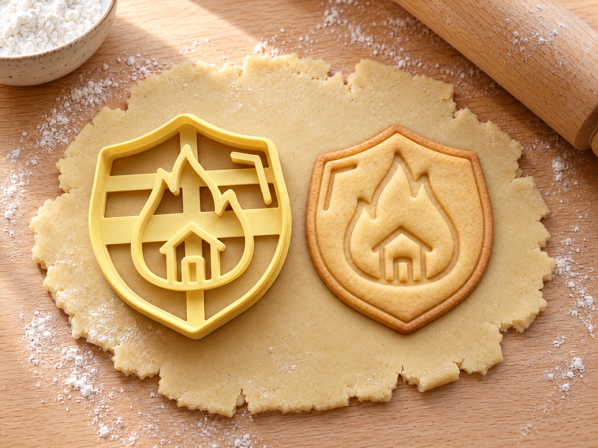 Butter-gelber Feuerwehr-Emblem-Ausstecher mit Prägung neben gebackenem Schild-Keks mit Flamme und Haus auf hellem Holz
