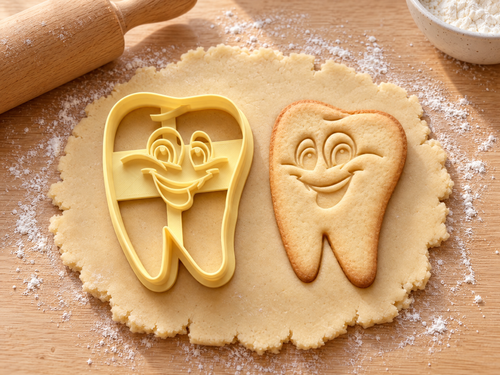 Butter-gelber Ausstecher mit Prägung als lachender Zahn neben gebackenem Keks mit Kulleraugen und breitem Grinsen auf hellem Holz