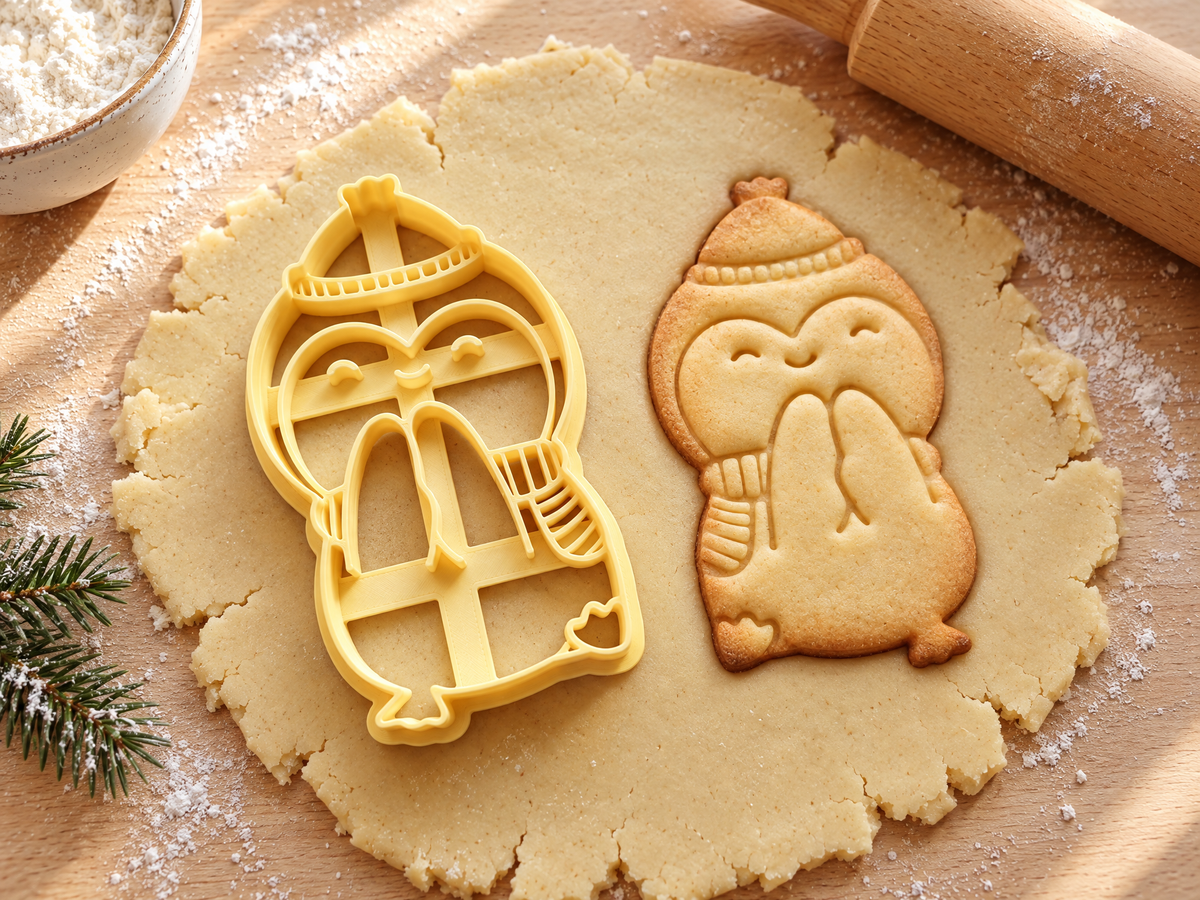 Butter-gelber Pinguin-Ausstecher mit Prägung neben gebackenem Keks: kichernder Pinguin mit Bommelmütze und Schal auf hellem Holz
