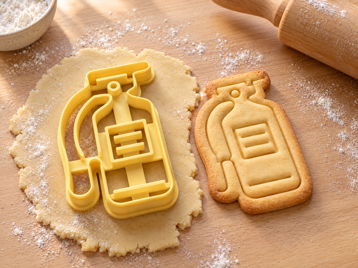 Butter-gelber Feuerlöscher-Ausstecher mit Prägung neben gebackenem Keks mit geprägtem Schlauch und Etikett auf hellem Holz