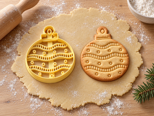 Weihnachtskugel-Ausstecher mit Prägung neben gebackenem Keks mit Wellenbändern, Tupfen und Öse auf hellem Holz