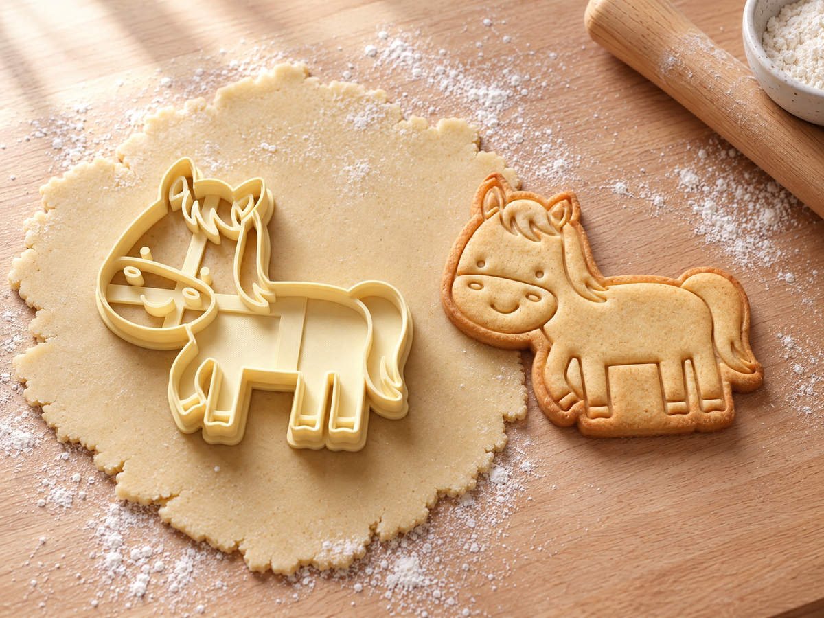 Butter-gelber Pferde-Ausstecher mit Prägung neben gebackenem Keks mit stehendem Pony, Stirnfransen und Schweif auf hellem Holz