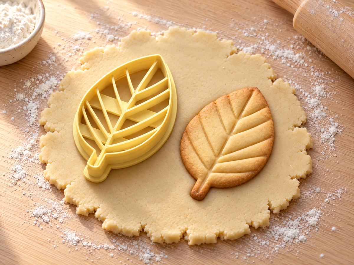 Butter-gelber Blatt-Ausstecher mit Prägung neben gebackenem Keks mit Mittelrippe und breiten Adernfeldern auf hellem Holz