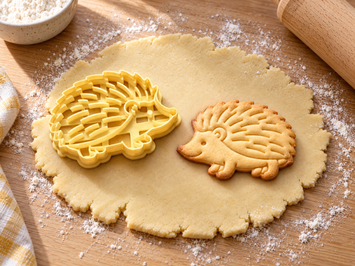 Butter-gelber Igel-Ausstecher mit Prägung neben einem gebackenen Igel-Keks mit eingeprägten Stacheln auf hellem Holz