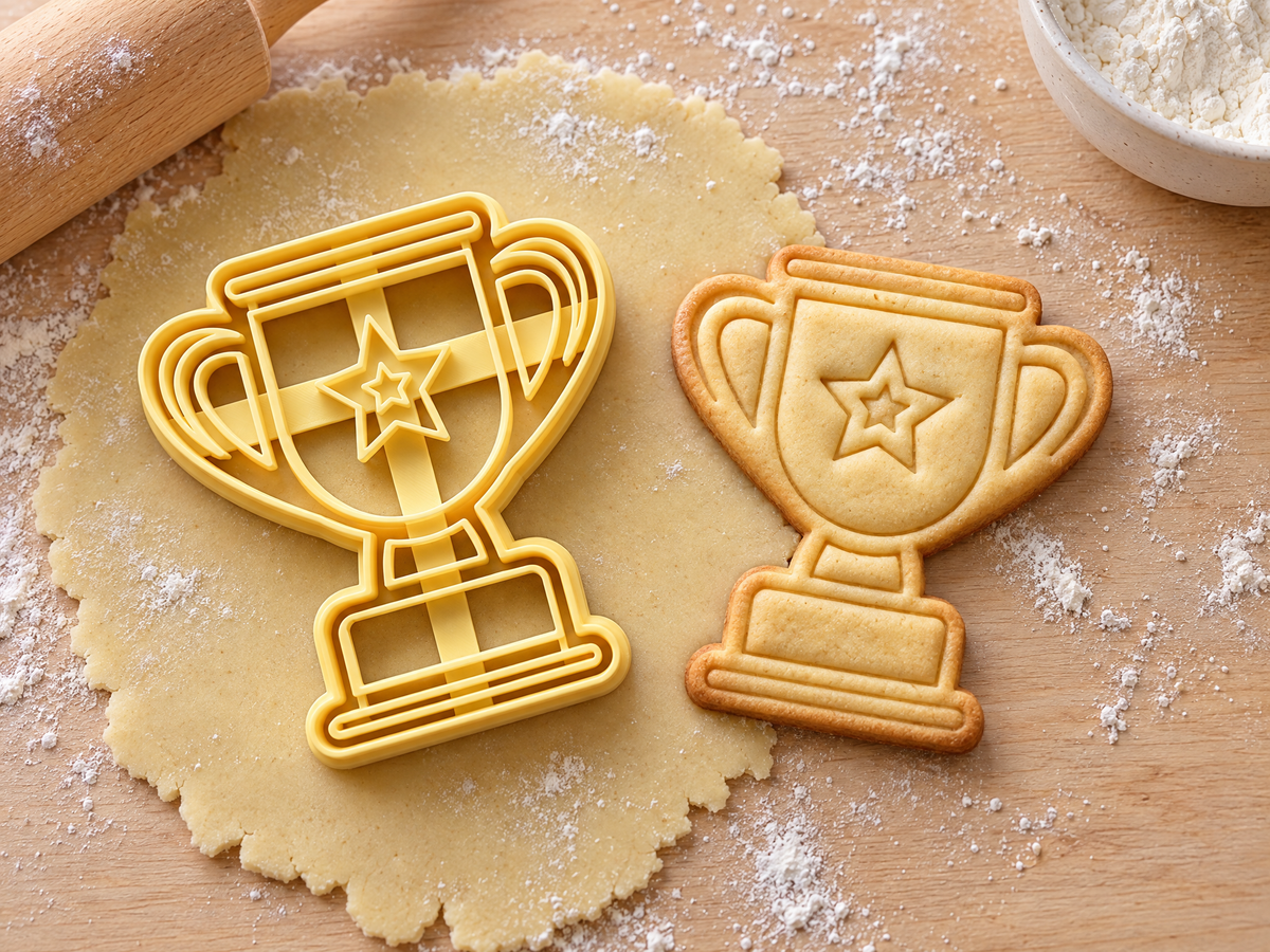 Butter-gelber Pokal-Ausstecher mit Prägung neben gebackenem Keks mit Henkeln, Stern und gestuftem Sockel auf hellem Holz