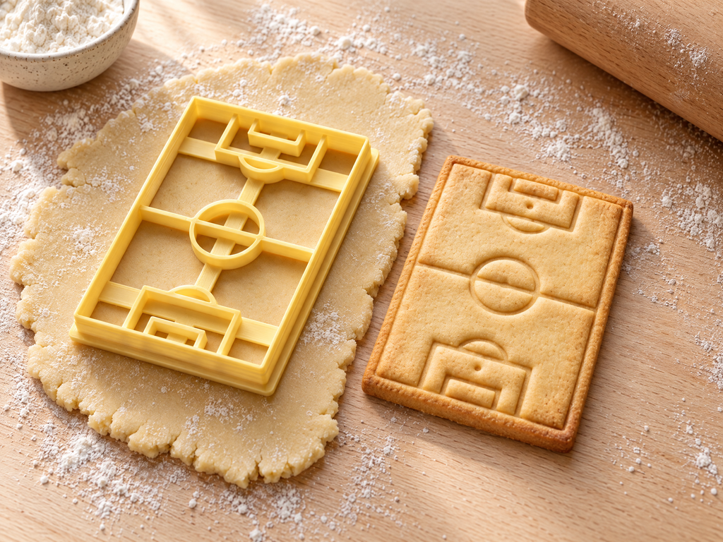 Butter-gelber Fußballfeld-Ausstecher mit Prägung neben gebackenem Keks mit Mittelkreis und beiden Strafräumen auf hellem Holz