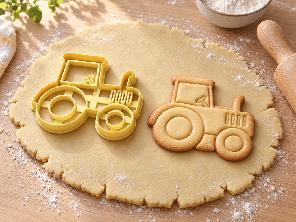Butter-gelber Traktor-Ausstecher mit Prägung neben gebackenem Keks mit Kabine, Kühlergrill und runden Rädern auf hellem Holz