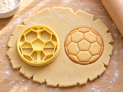 Butter-gelber Fußball-Ausstecher mit Prägung neben rundem Ball-Keks mit großem Fünfeck und Sechsecken auf hellem Holz