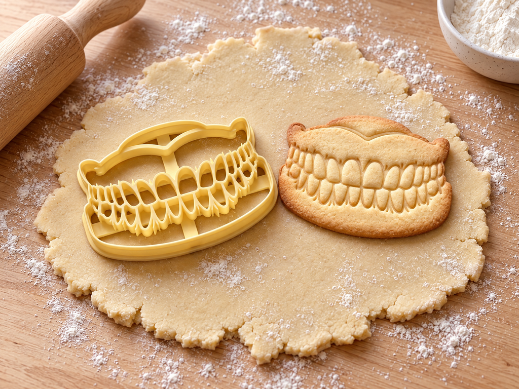 Butter-gelber Gebiss-Ausstecher mit Prägung neben gebackenem Keks mit geschlossenen Zahnreihen und Zahnfleisch auf hellem Holz