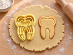 Butter-gelber Zahn-Ausstecher mit Prägung neben gebackenem Keks mit Krone, zwei Wurzeln und Innenlinie auf hellem Holz
