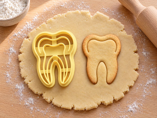 Butter-gelber Zahn-Ausstecher mit Prägung neben gebackenem Keks mit Krone, zwei Wurzeln und Innenlinie auf hellem Holz