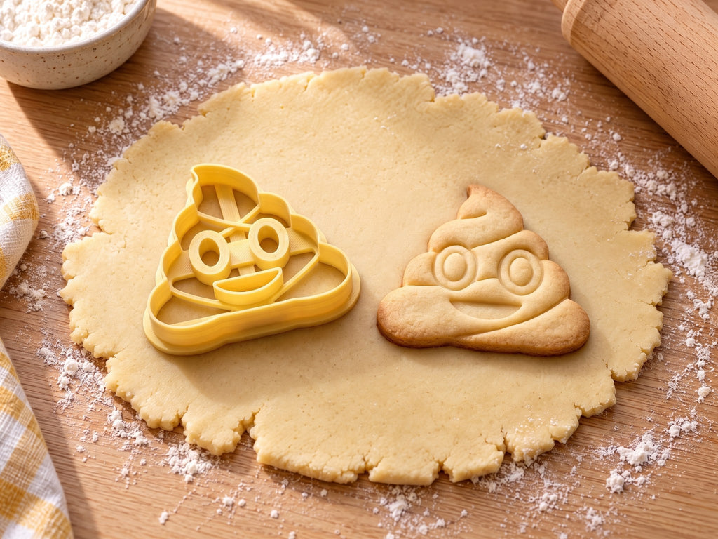 Butter-gelber Kackhaufen-Emoji-Ausstecher mit Prägung neben gebackenem Keks mit Windungen, Kulleraugen und Grinsen auf hellem Holz