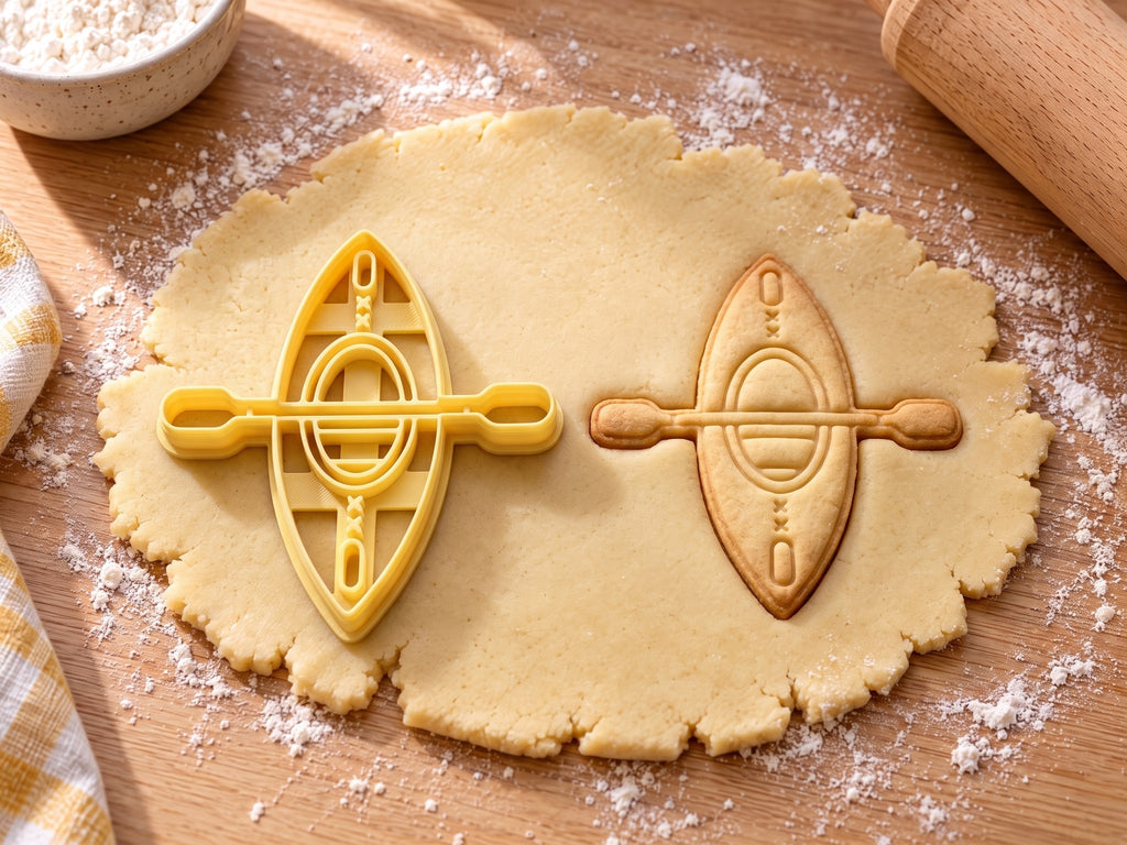 Butter-gelber Kajak-Ausstecher mit Prägung neben gebackenem Keks mit Sitzluke und quer liegendem Doppelpaddel auf hellem Holz