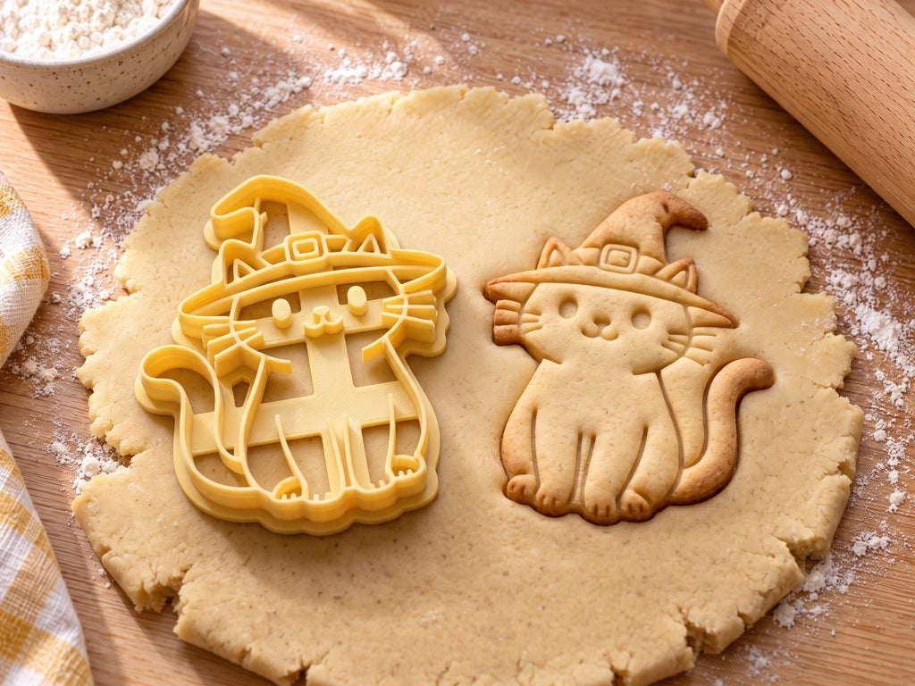 Butter-gelber Katzen-Ausstecher mit Prägung neben gebackenem Keks: sitzende Katze mit Hexenhut und Schnalle auf hellem Holz