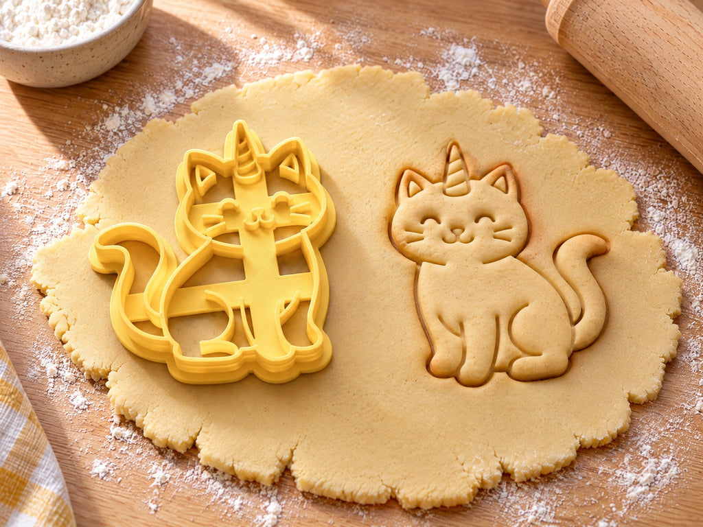 Butter-gelber Katzen-Einhorn-Ausstecher mit Prägung neben gebackenem Keks mit Horn, geschlossenen Augen und Schnurrhaaren auf hellem Holz