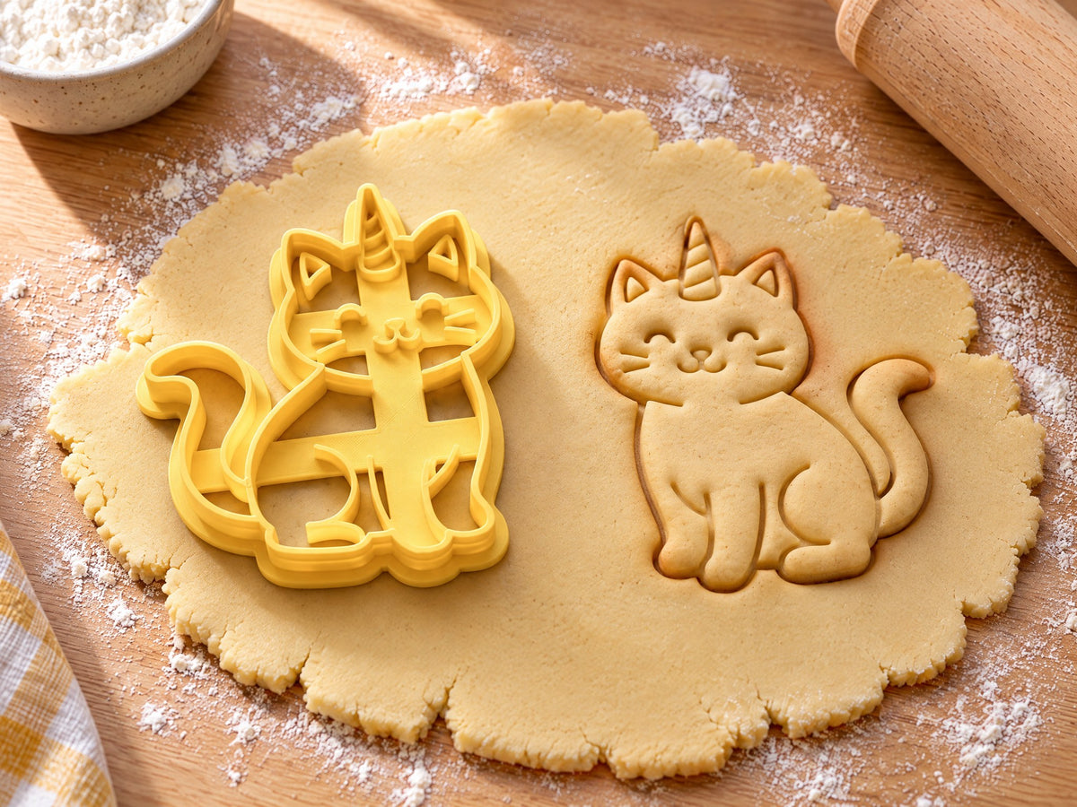 Butter-gelber Katzen-Einhorn-Ausstecher mit Prägung neben gebackenem Keks mit Horn, geschlossenen Augen und Schnurrhaaren auf hellem Holz
