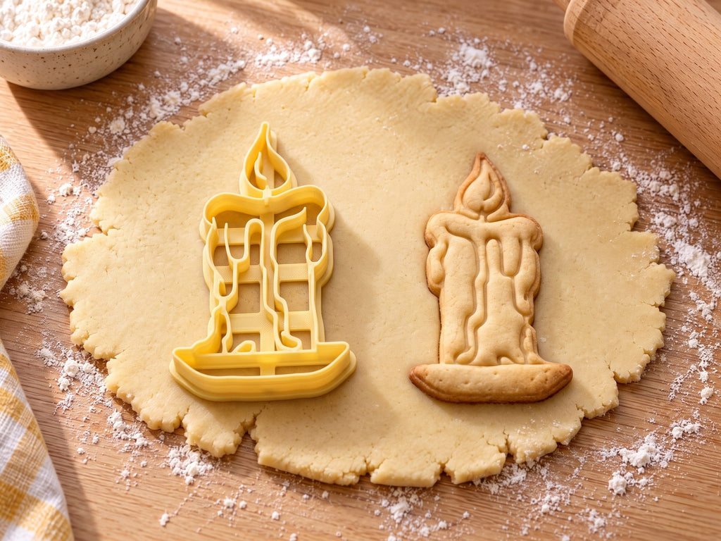 Butter-gelber Kerzen-Ausstecher mit Prägung neben gebackenem Keks mit Wachstropfen, Flamme und Kerzenhalter auf hellem Holz