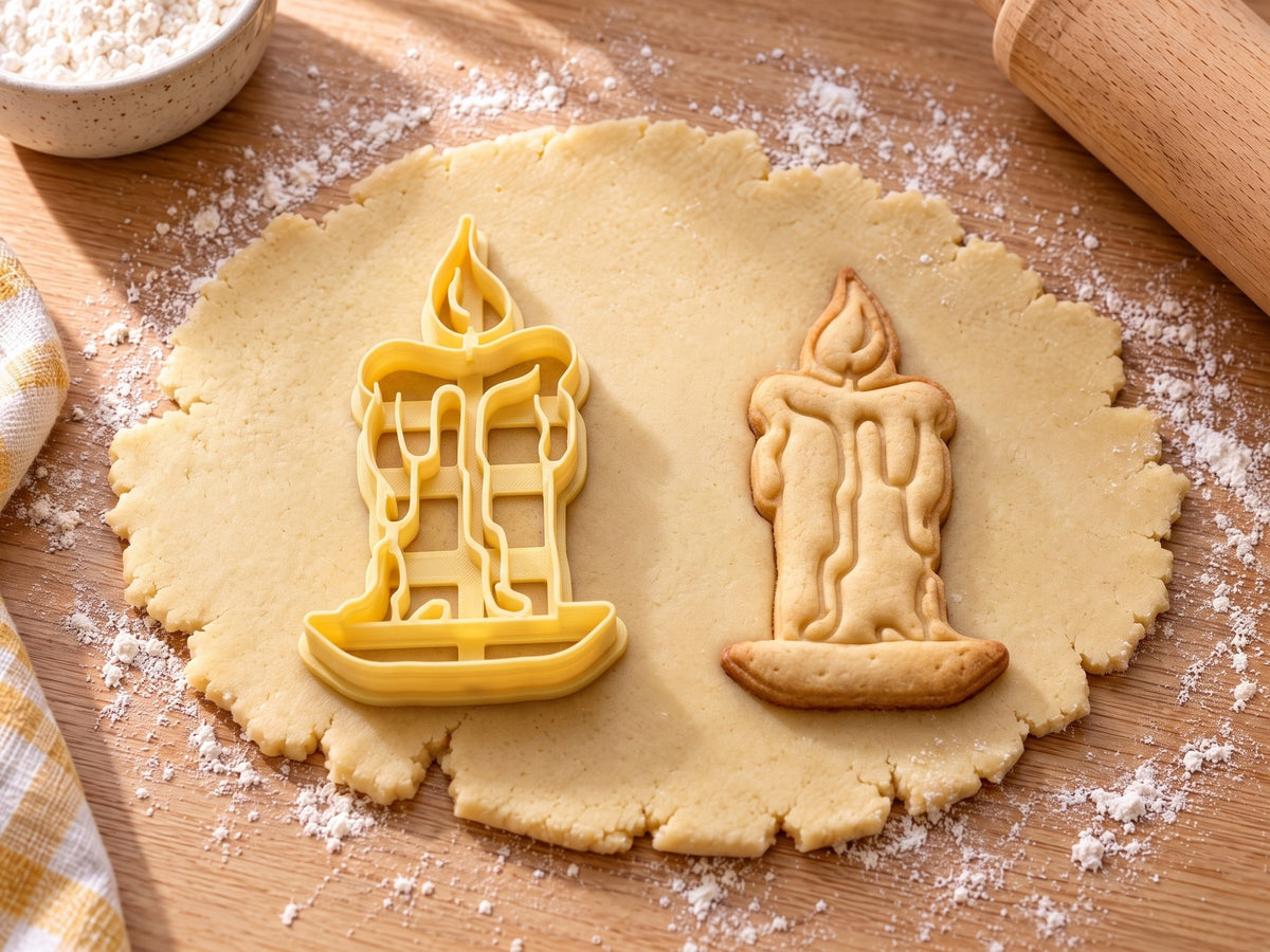 Butter-gelber Kerzen-Ausstecher mit Prägung neben gebackenem Keks mit Wachstropfen, Flamme und Kerzenhalter auf hellem Holz