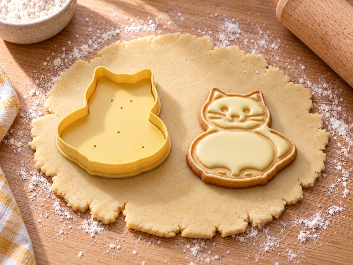 Butter-gelber Ausstecher nach einer Kinderzeichnung neben gebackenem Katzenkeks mit geprägten Linien und hellgelbem Zuckerguss auf ausgerolltem Teig und hellem Holz