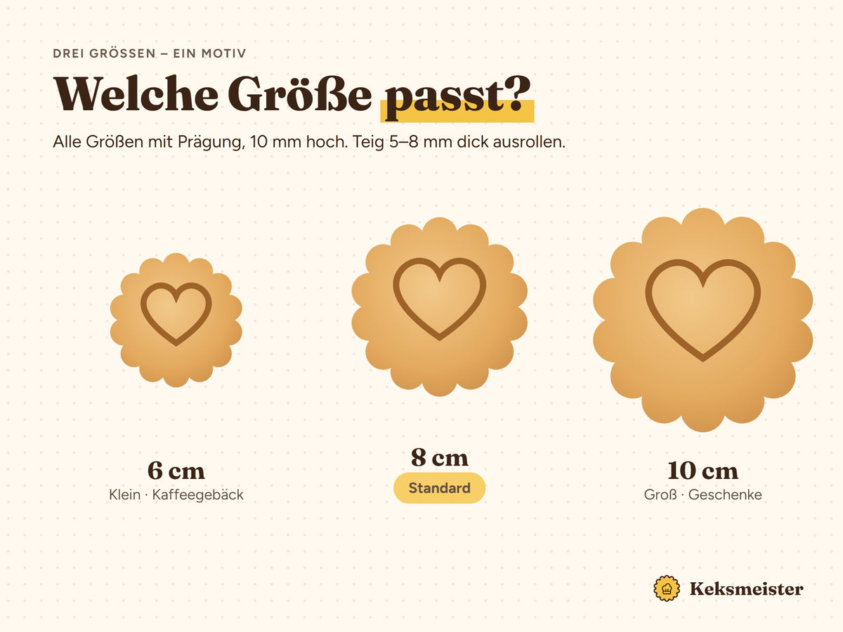 Drei Größen: 6 cm, 8 cm (Standard) und 10 cm, jeweils mit Prägung und 10 mm hoch
