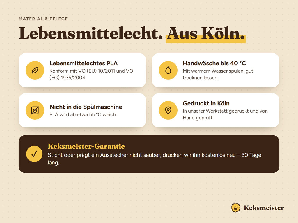 Lebensmittelechtes PLA, Handwäsche bis 40 °C, nicht spülmaschinenfest, gedruckt in Köln, Keksmeister-Garantie