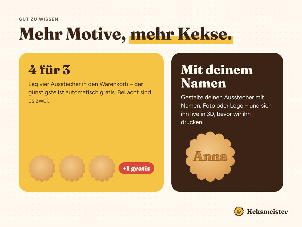 4 für 3: der vierte Ausstecher ist gratis – und eigene Ausstecher mit Namen, Foto oder Logo gestaltest du live in 3D