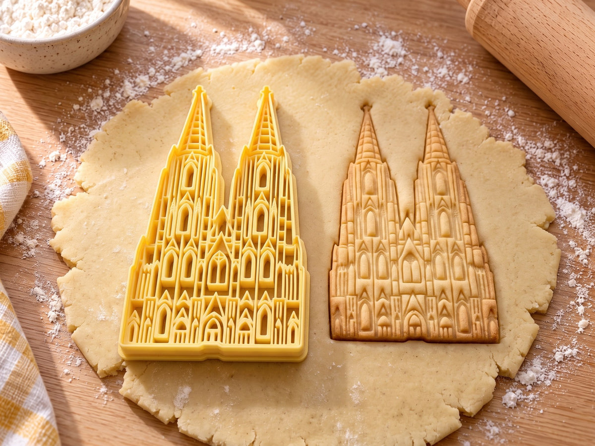 Butter-gelber Kölner-Dom-Ausstecher mit Prägung neben gebackenem Keks mit zwei Türmen und Spitzbogenfenstern auf hellem Holz