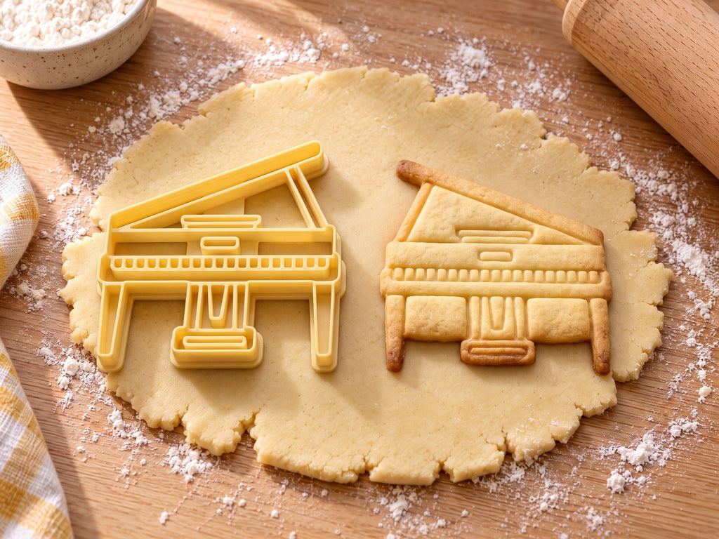 Butter-gelber Konzertflügel-Ausstecher mit Prägung neben gebackenem Keks mit offenem Deckel, Tasten und Pedalen auf hellem Holz