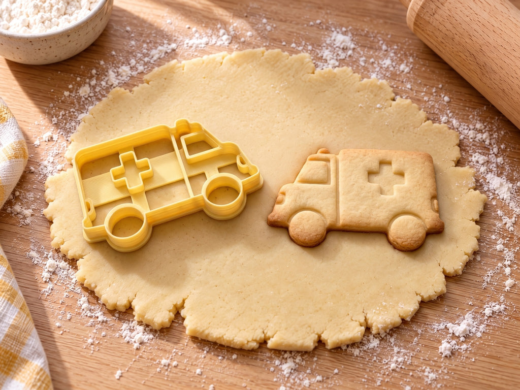 Butter-gelber Krankenwagen-Ausstecher mit Prägung neben gebackenem Keks mit Kreuz und Blaulicht auf hellem Holz