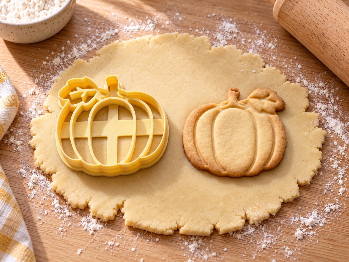 Butter-gelber Kürbis-Ausstecher mit Prägung neben Kürbis-Keks mit Blatt am Stiel und geprägten Blattadern auf hellem Holz