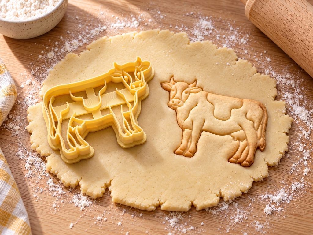 Butter-gelber Kuh-Ausstecher mit Prägung neben gebackenem Keks mit Fleckenmuster, Euter und Schwanz auf hellem Holz